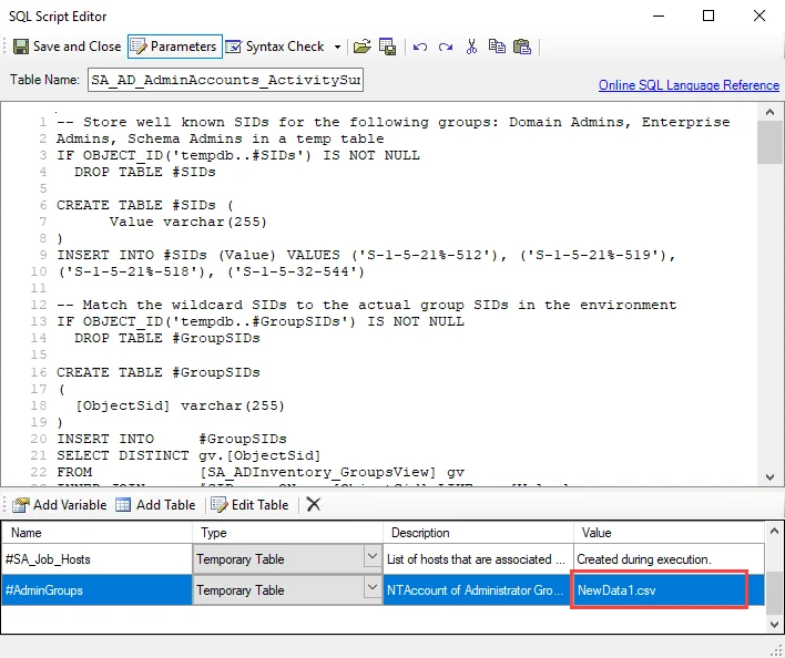 Summarizes Administrative Account Activity analysis task in the SQL Script Editor