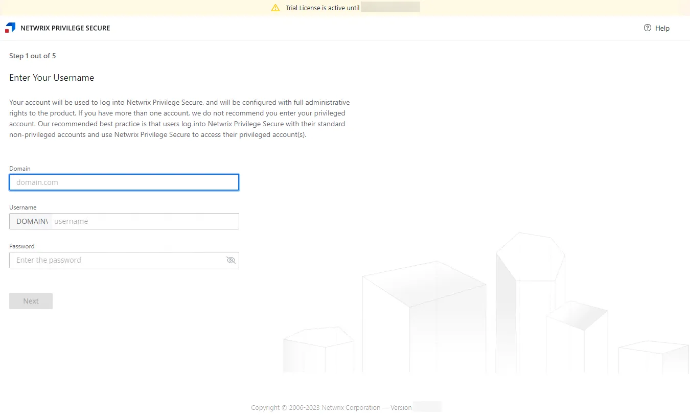 Setup Wizard on the Step 1 page