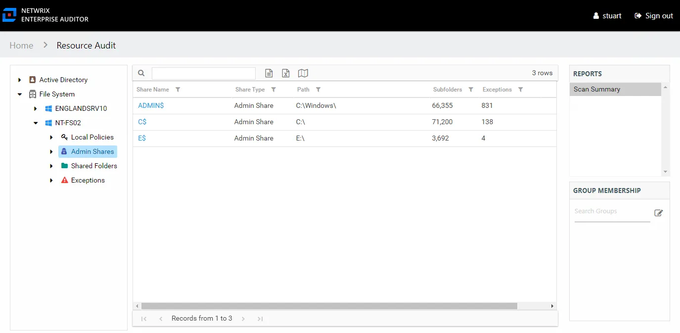 Scan Summary report at the Admin Shares node