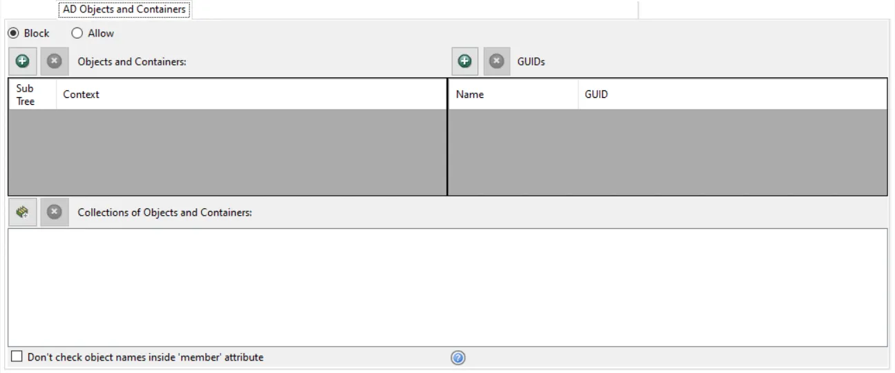 Policy window - AD Objects and Containers filter