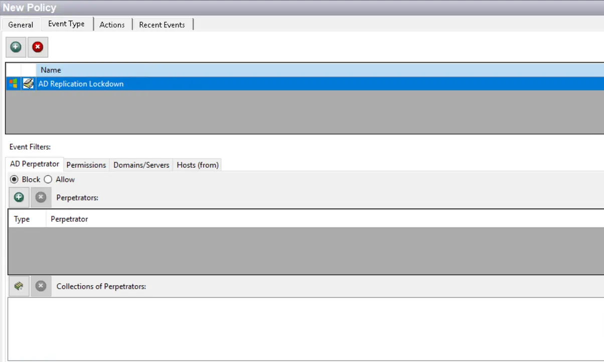 Policy window - AD Replication Lockdown Event Type