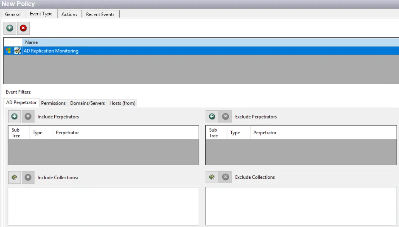 Policy window - AD Replication Monitoring Event Type