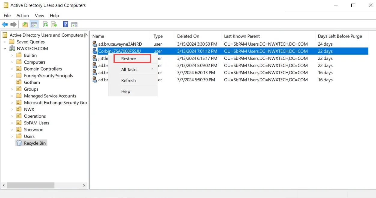 ADUC with the Restore option selected