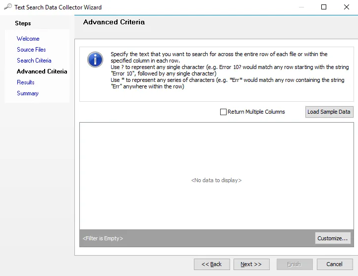 Text Search Data Collector Wizard Advanced Criteria page
