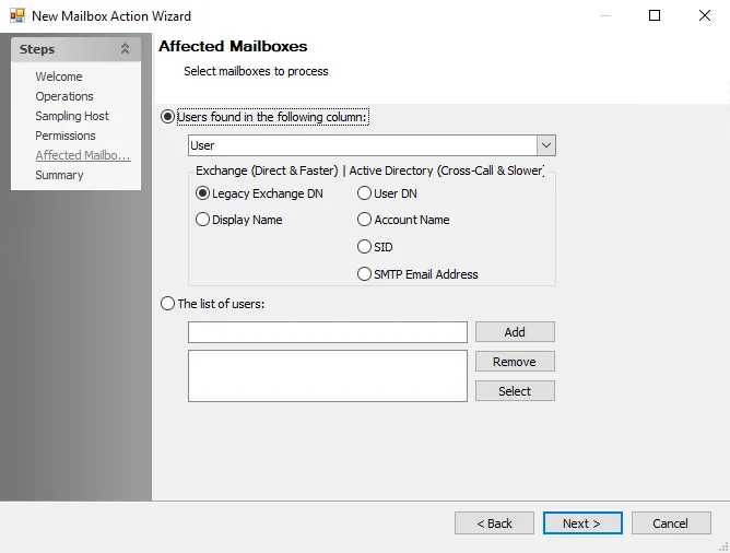 New Mailbox Action Wizard Affected Mailboxes page