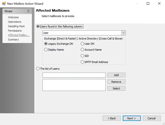 New Mailbox Action Wizard Affected Mailboxes page