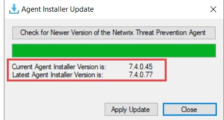 Agent Installer Update window showing that Agent version is outdated