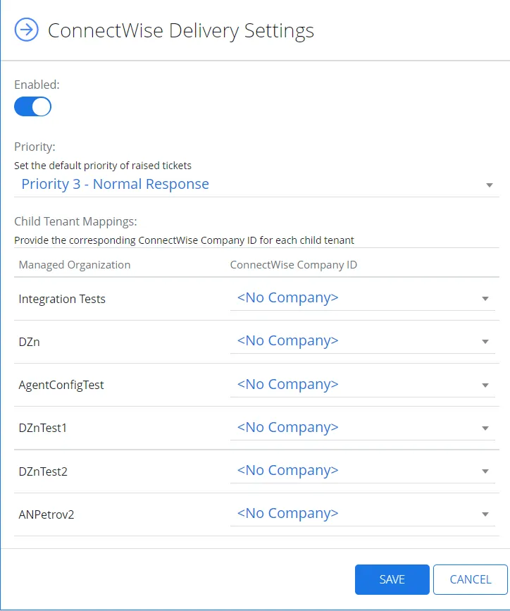 ConnectWise Delivery Settings
