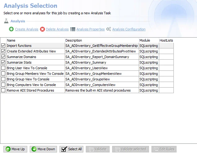 Analysis Selection page