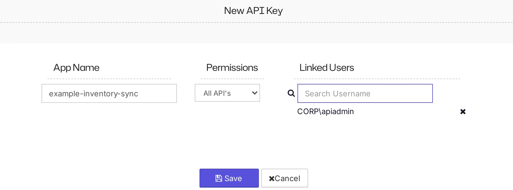 The New API Key form with the name example-inventory-sync, the permission All API's, and one linked user