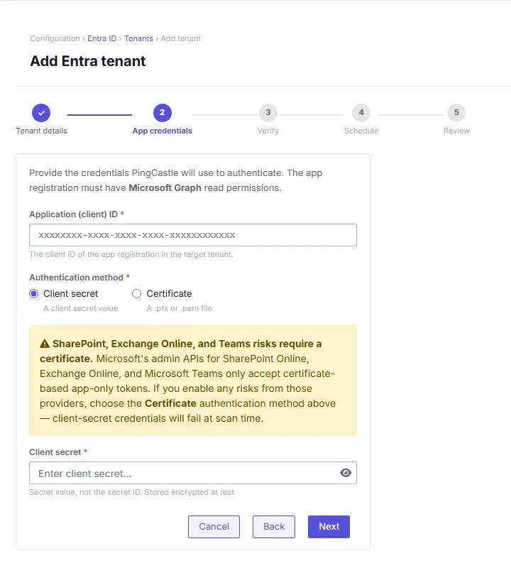 A screenshot of the Add Entra tenant wizard's App credentials step, showing the application client ID field and the client secret or certificate authentication method options.