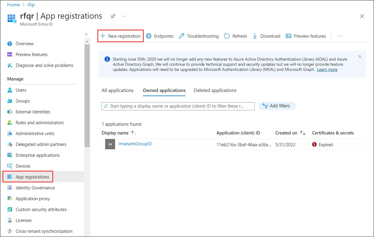 App registeration page