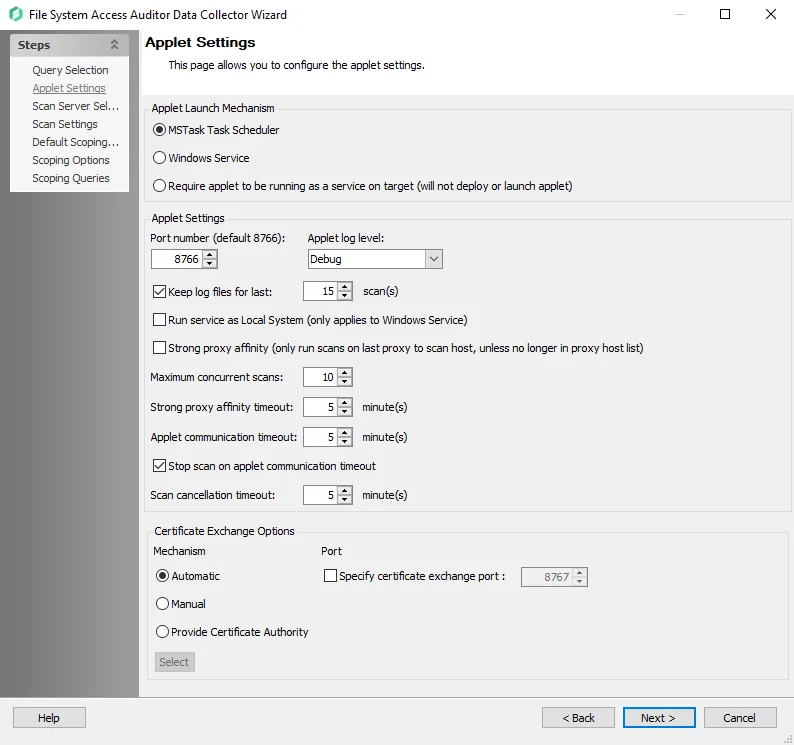 FSAA Data Collector Wizard Applet Settings page