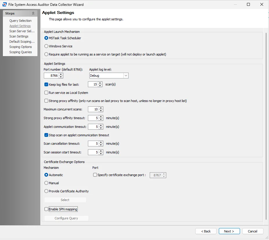 FSAA Data Collector Wizard Applet Settings page