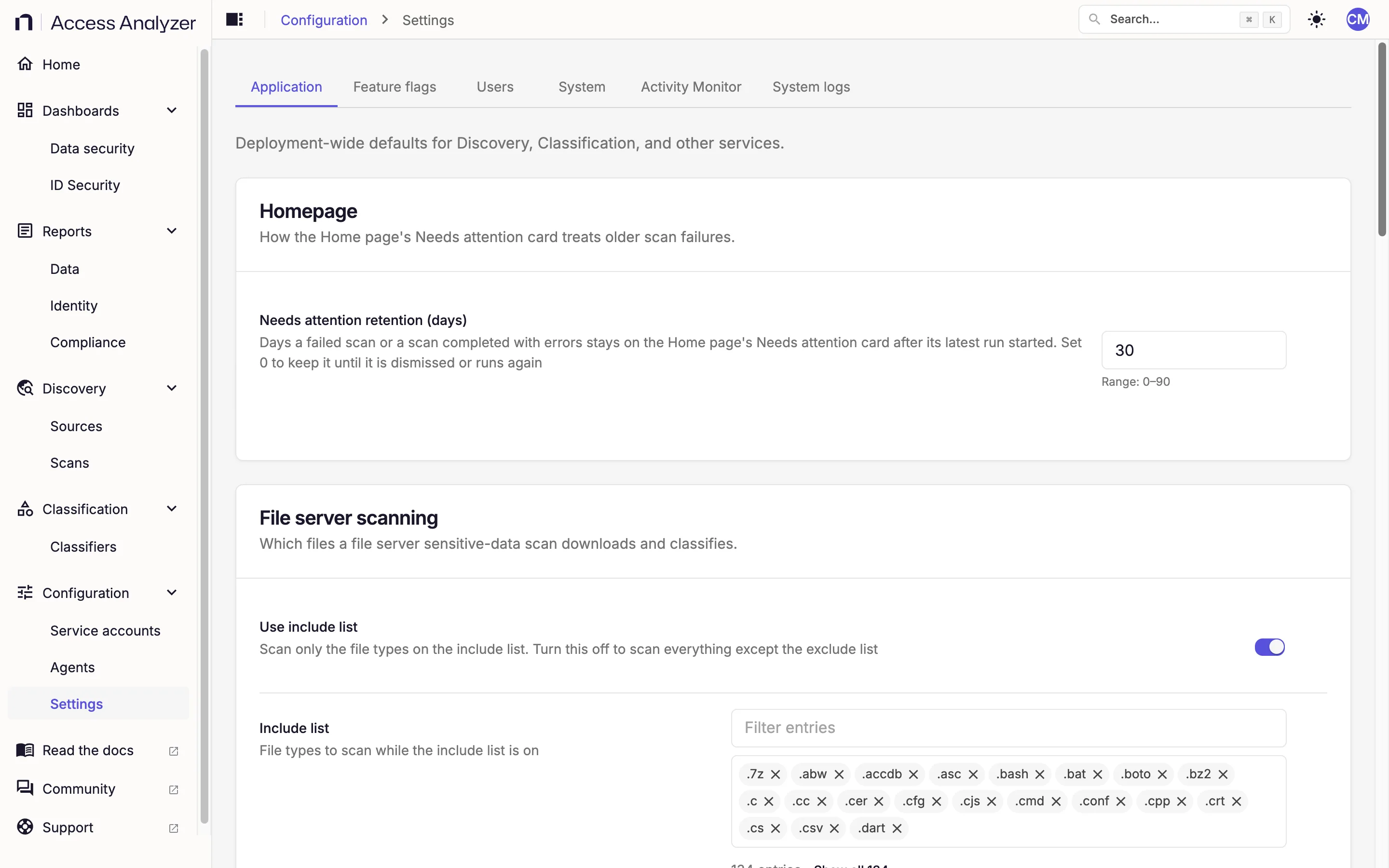 Settings page on the Application tab, with the Homepage and File server scanning cards