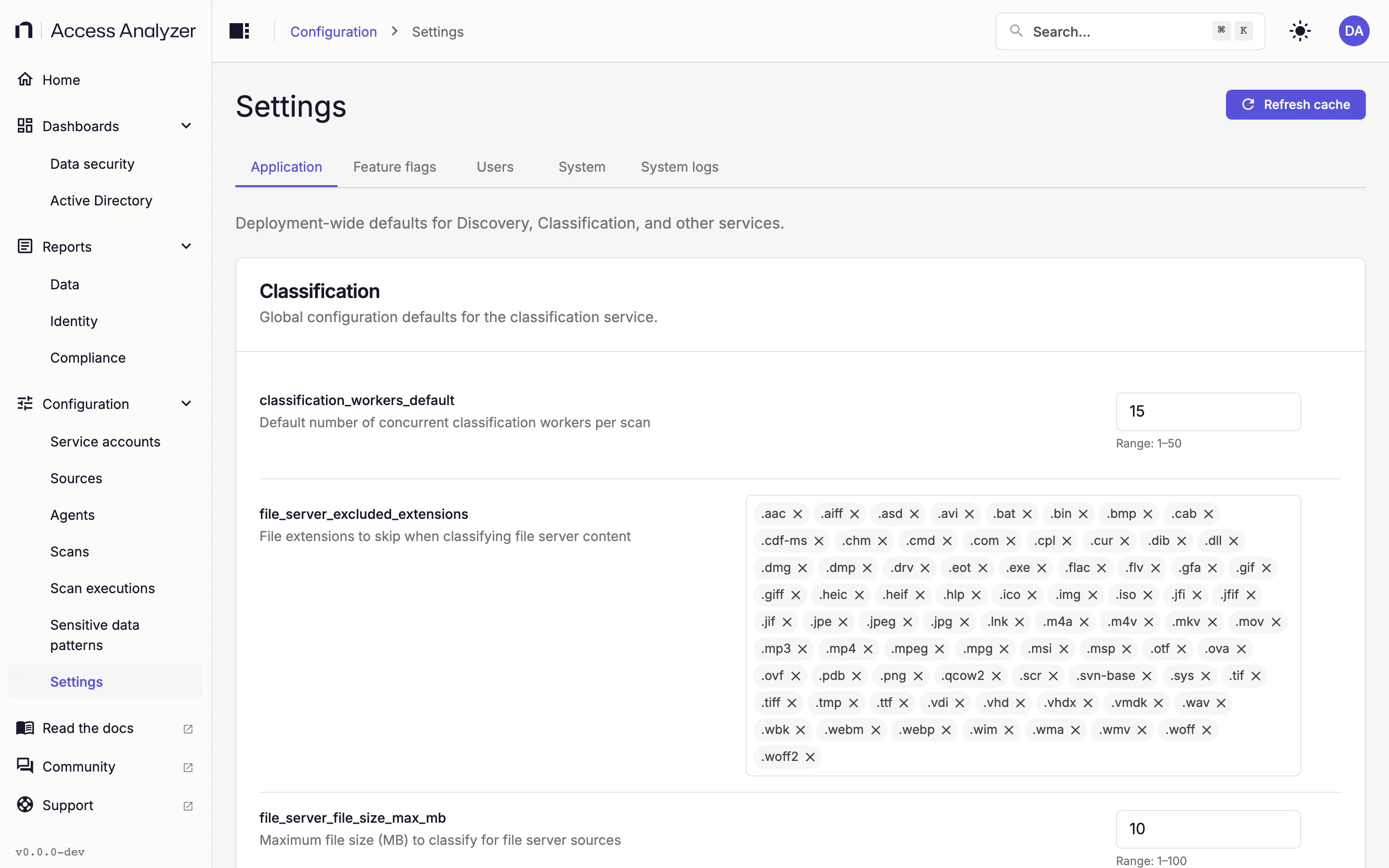 Application settings tab with Classification defaults