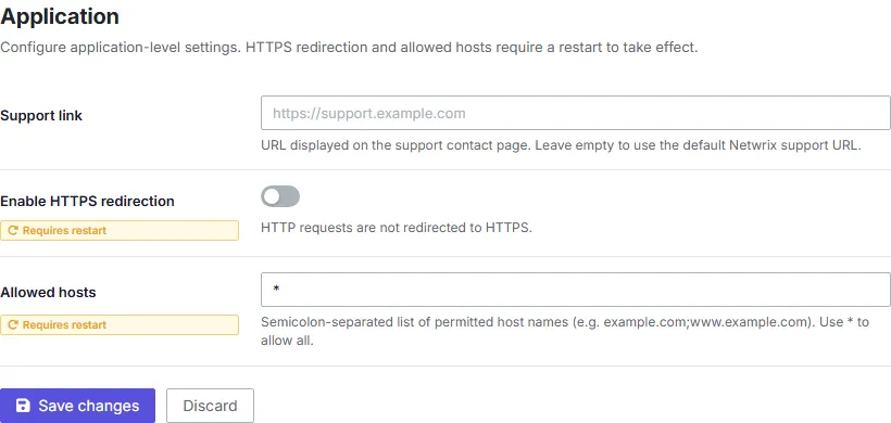 A screenshot of the Application settings tab, showing the support link, HTTPS redirection toggle, and allowed hosts fields.