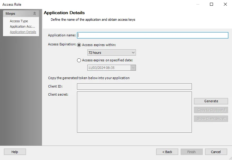 Application Details page of the Access Role Wizard