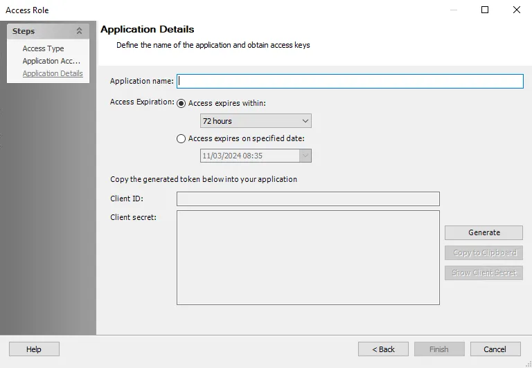 Application Details page of the Access Role Wizard