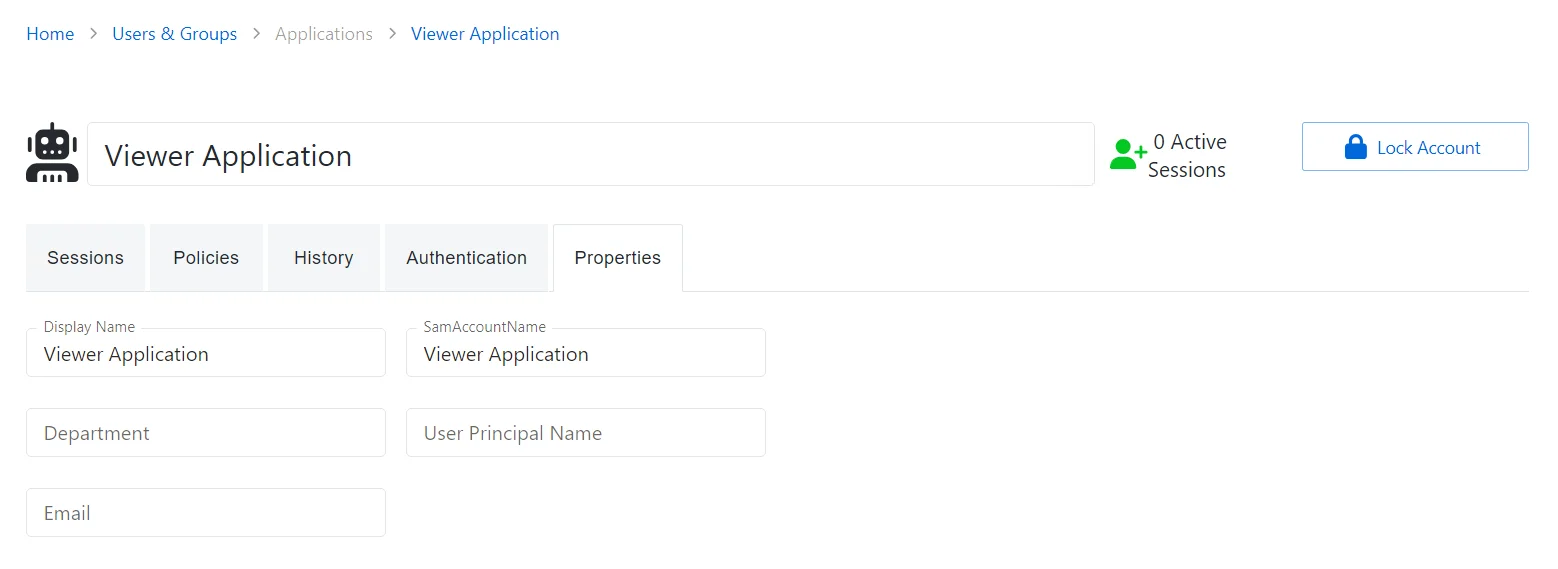 Properties Tab for Application User
