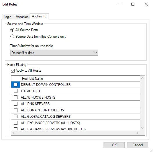 Edit Rules window Applies To tab