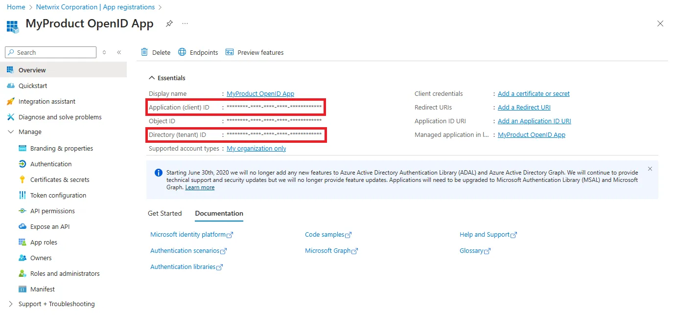 EntraID Application and Tenant IDs page