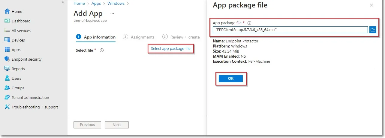 Selecting Endpoint Protector Package file 