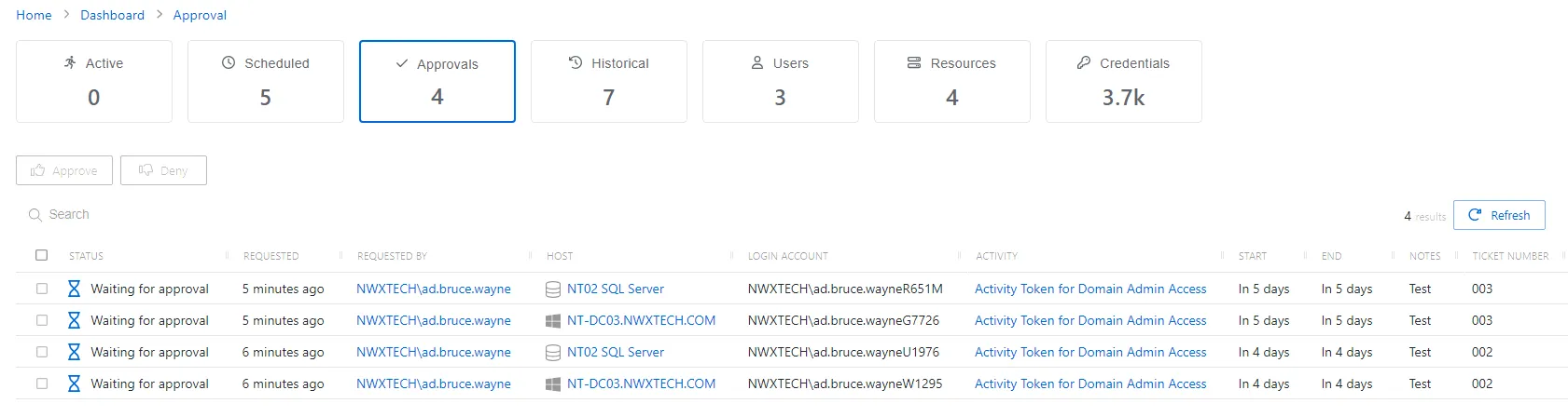 Dashboard Approvals Page