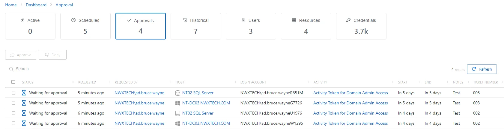 Dashboard Approvals Page