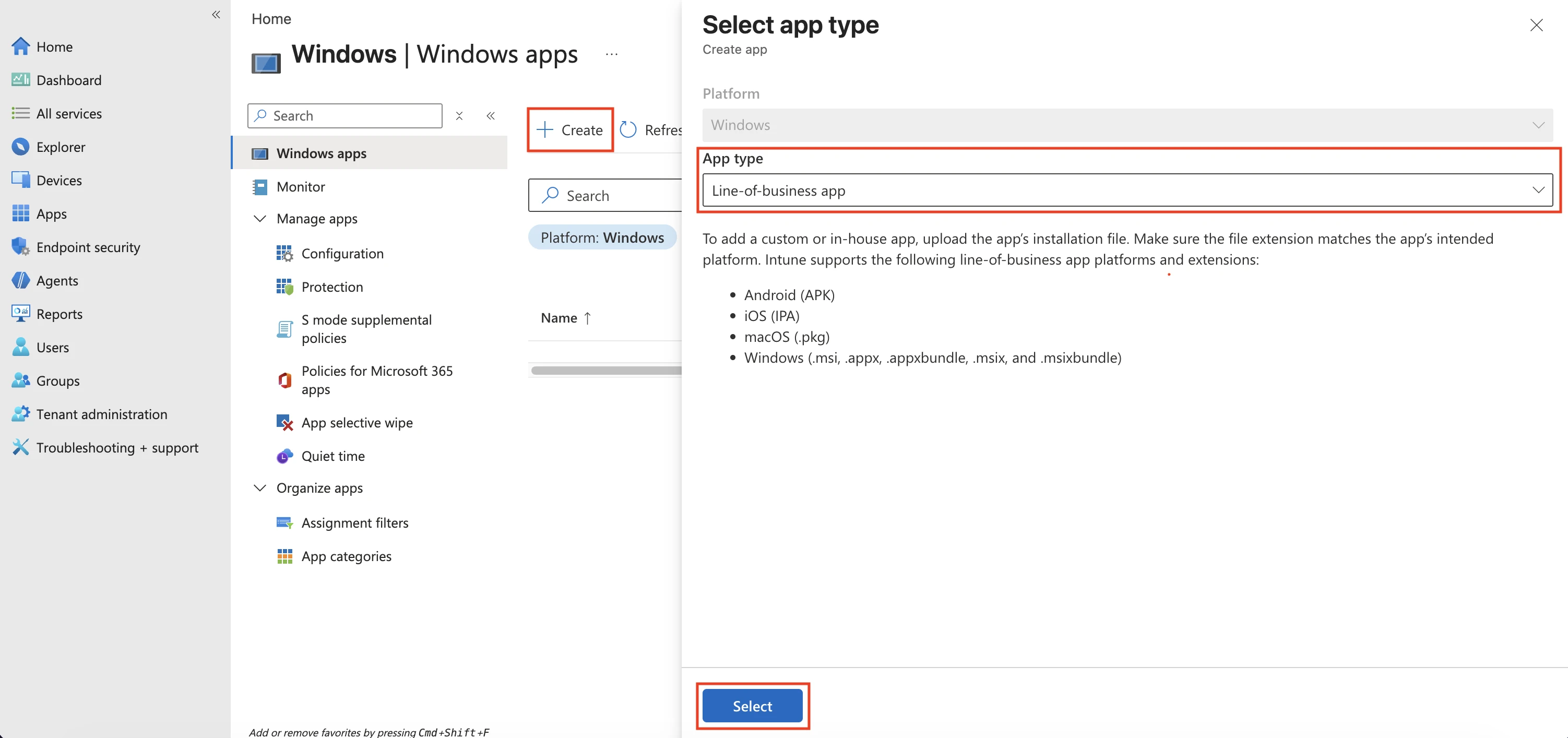 Selecting the Line of business app type