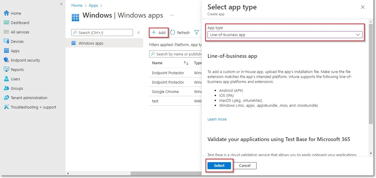 Selecting the Line of business app type