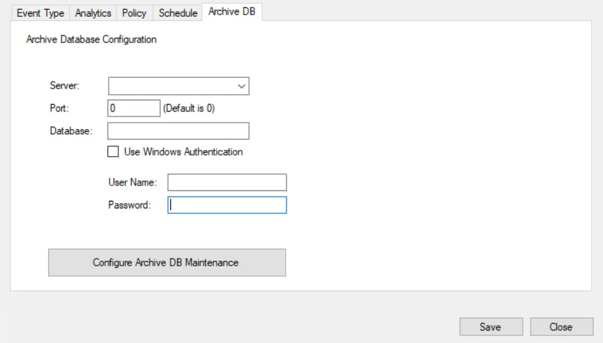 Database Maintenance window - Archive DB tab