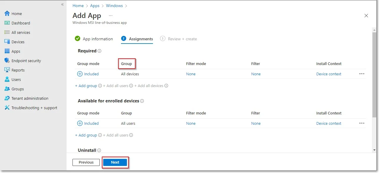 Selecting the group for which you want to deploy the Endpoint Protector Client