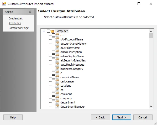 Custom Attributes Import Wizard Attributes page