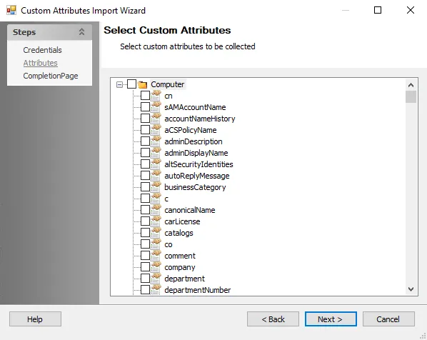 Custom Attributes Import Wizard Attributes page