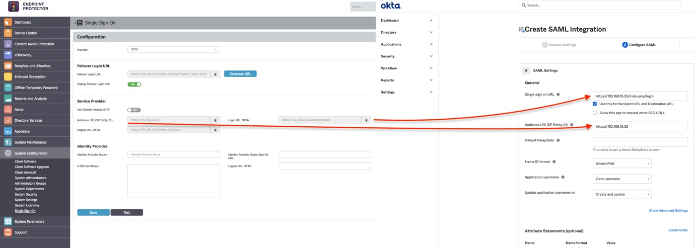Copy Audience URI (SP Entity ID) and paste it on the ﬁeld with the same name from OKTA, Conﬁgure SAML