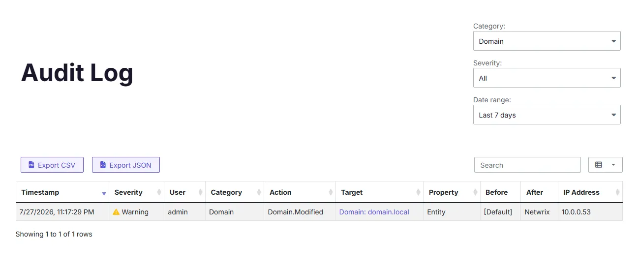 A screenshot of the audit log filtered by category, showing a single row-per-property change with its before and after values.