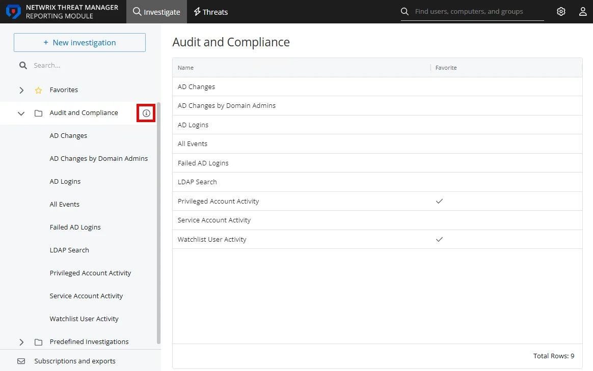 Investigations interface on the Audit and Compliance page