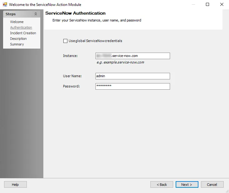 ServiceNow Action Module wizard Authentication page