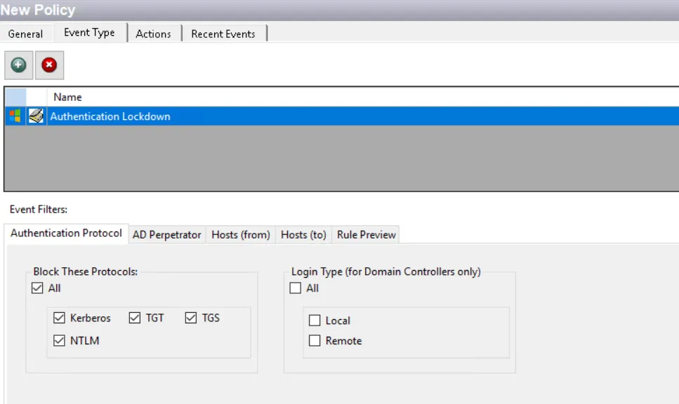 Policy window - Authentication Lockdown Event Type