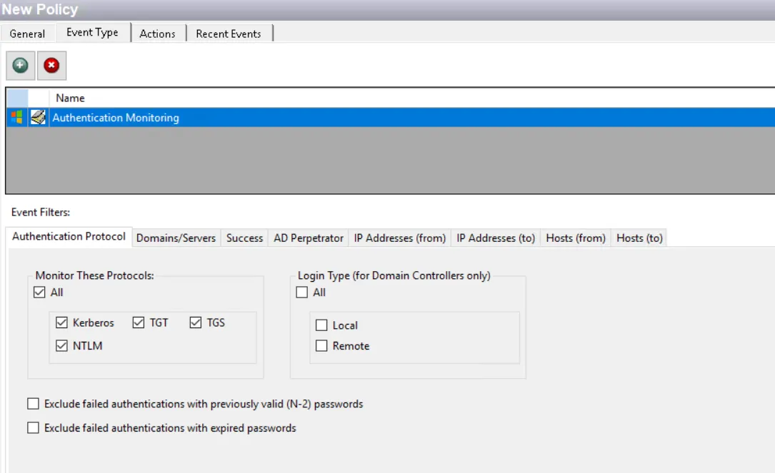 Policy window - Authentication Monitoring Event Type