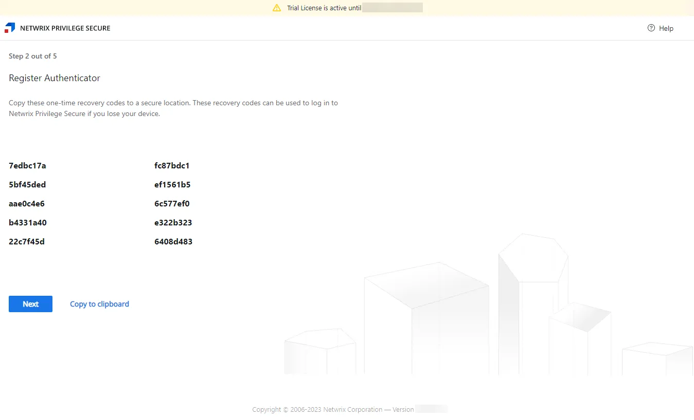 Setup Wizard on the Step 2 page displaying the recovery codes