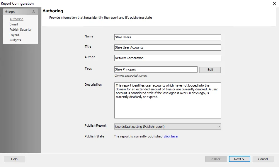 Report Configuration wizard Authoring page