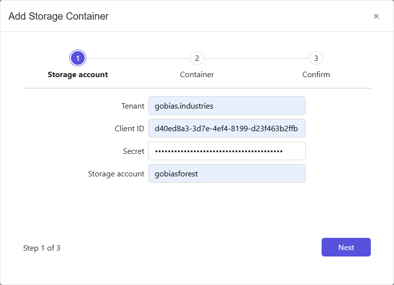 Add Storage Container wizard – Storage account page