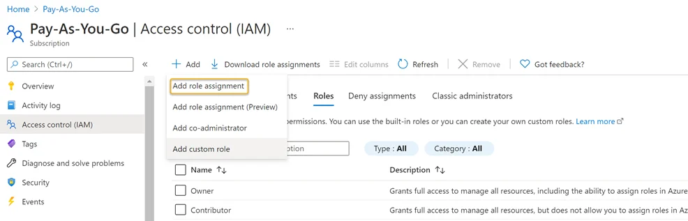 Azure SQL - Access Control (IAM) page