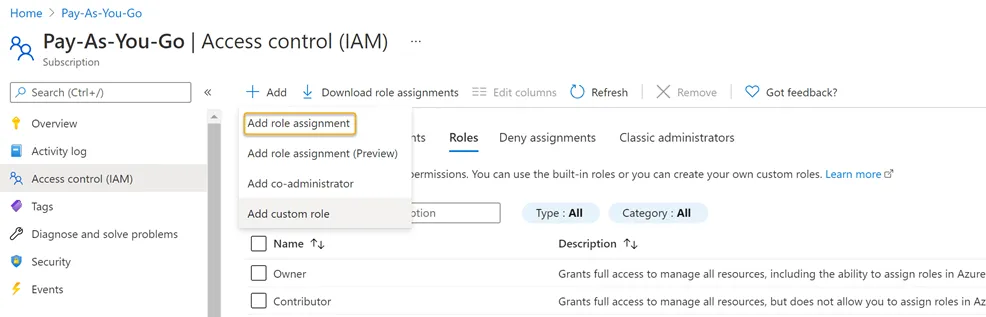Azure SQL - Access Control (IAM) page