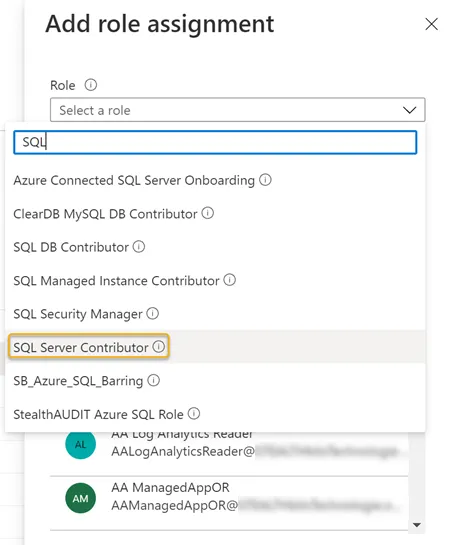 Azure SQL - Add a role assignment window
