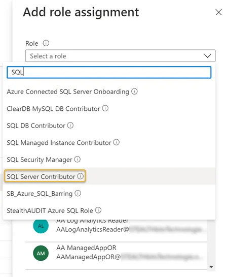 Azure SQL - Add a role assignment window