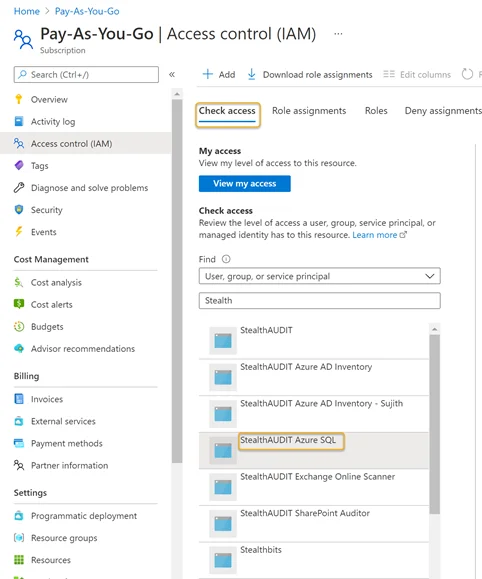 Azure SQL - Access Control (IAM) window
