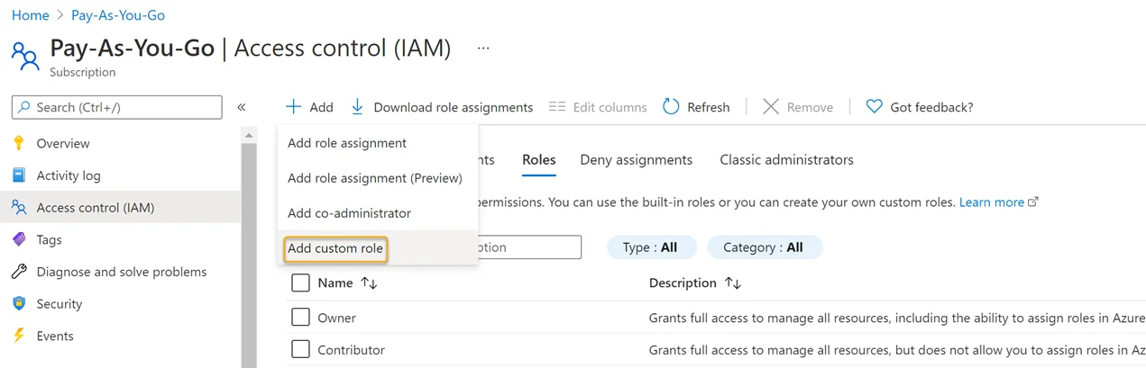 Azure Portal - Pay as you Go - Access Control (IAM)